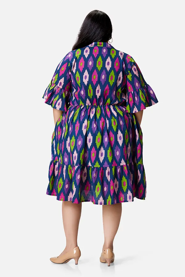 Blue_Cotton_Ikat_Umbrella_Sleeve_Calf_Length_Dress_For_Women