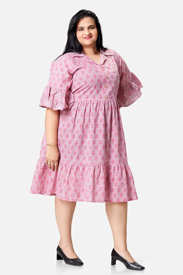 Pink_Cotton_Vine_Print_Umbrella_Sleeve_Dress_For_Women