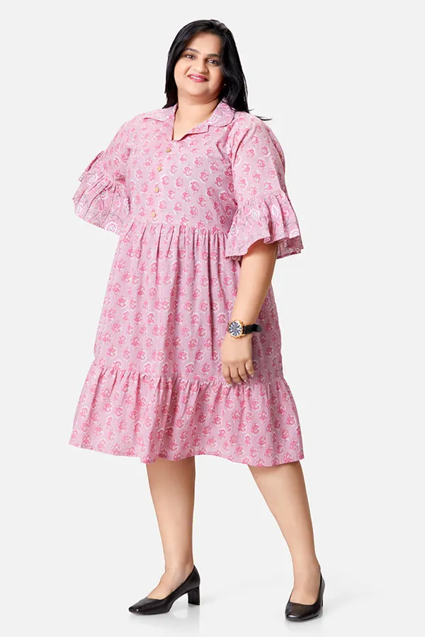 Pink_Cotton_Vine_Print_Umbrella_Sleeve_Dress_For_Women