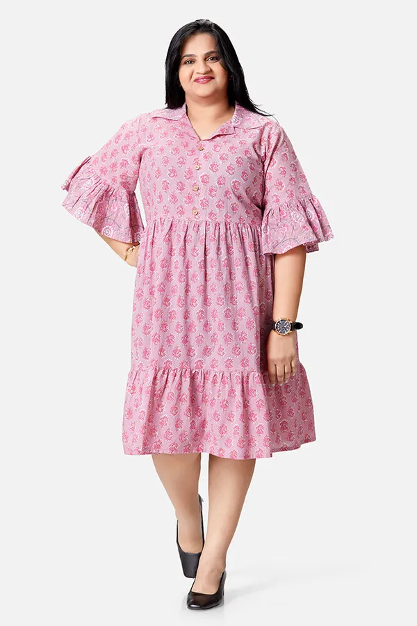 Pink_Cotton_Vine_Print_Umbrella_Sleeve_Dress_For_Women