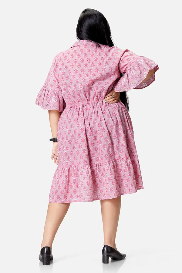 Pink_Cotton_Vine_Print_Umbrella_Sleeve_Dress_For_Women