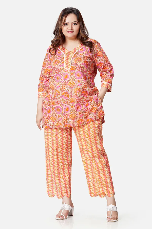 Orange_Cotton_3/4_Sleeve_Kurta_Set_For_Women