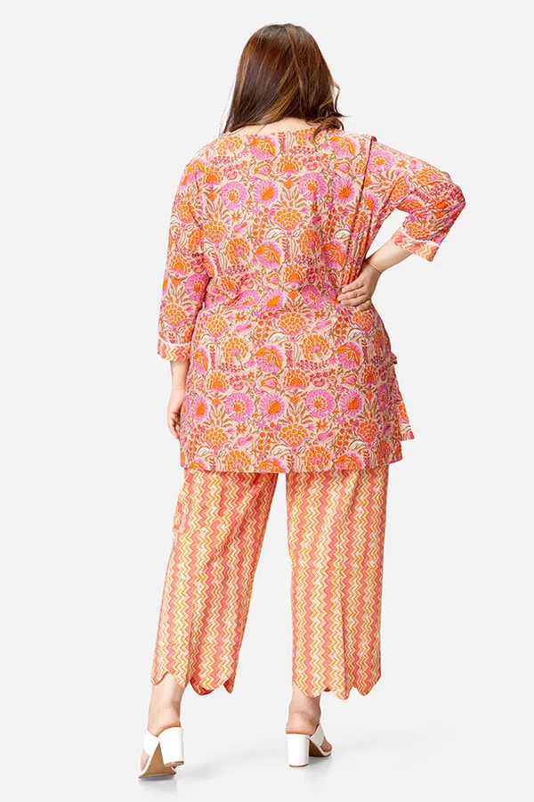 Orange_Cotton_3/4_Sleeve_Kurta_Set_For_Women