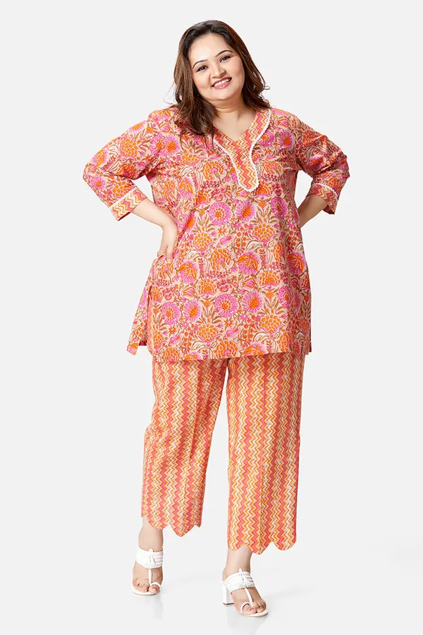 Orange_Cotton_3/4_Sleeve_Kurta_Set_For_Women