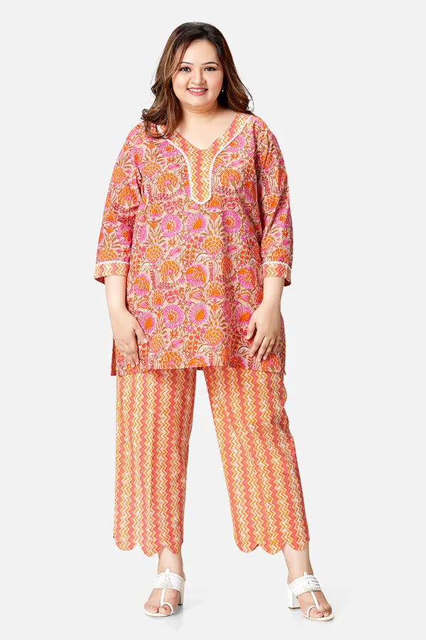 Orange_Cotton_3/4_Sleeve_Kurta_Set_For_Women