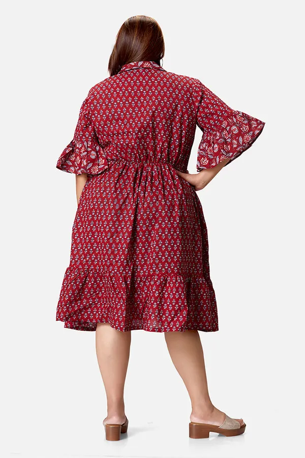 Maroon_Cotton_Umbrella_Sleeve_Calf_Length_Dress_For_Women