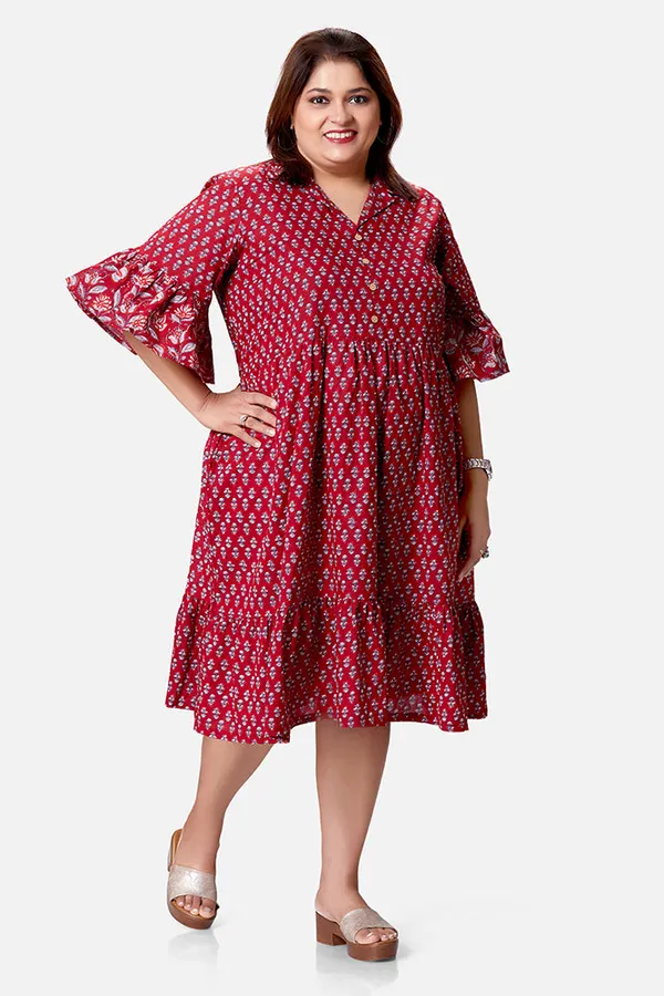 Maroon_Cotton_Umbrella_Sleeve_Calf_Length_Dress_For_Women