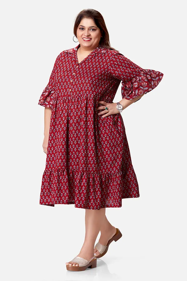 Maroon_Cotton_Umbrella_Sleeve_Calf_Length_Dress_For_Women
