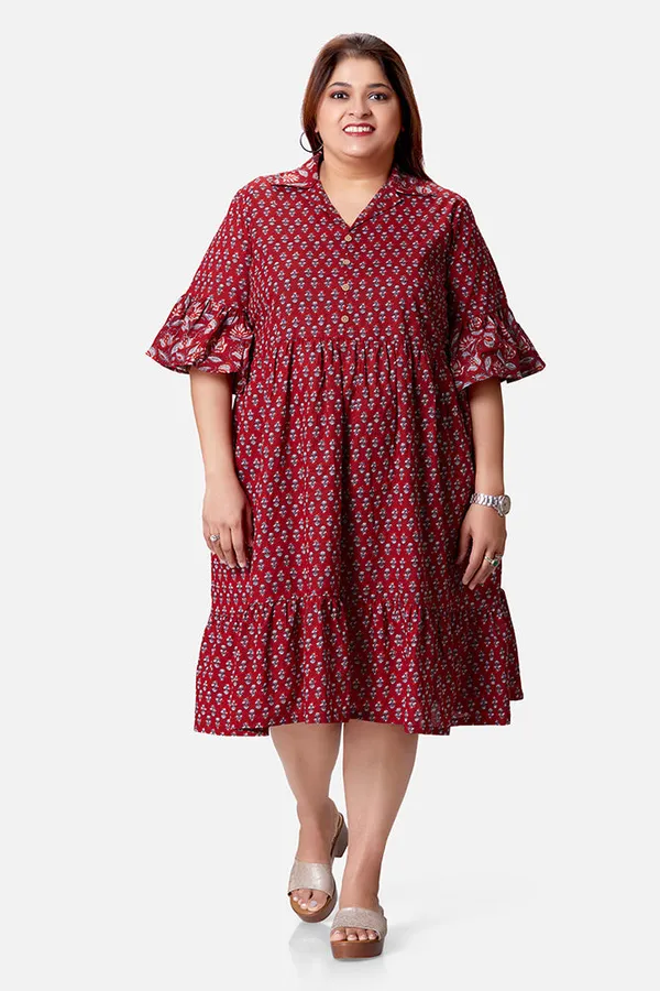 Maroon_Cotton_Umbrella_Sleeve_Calf_Length_Dress_For_Women