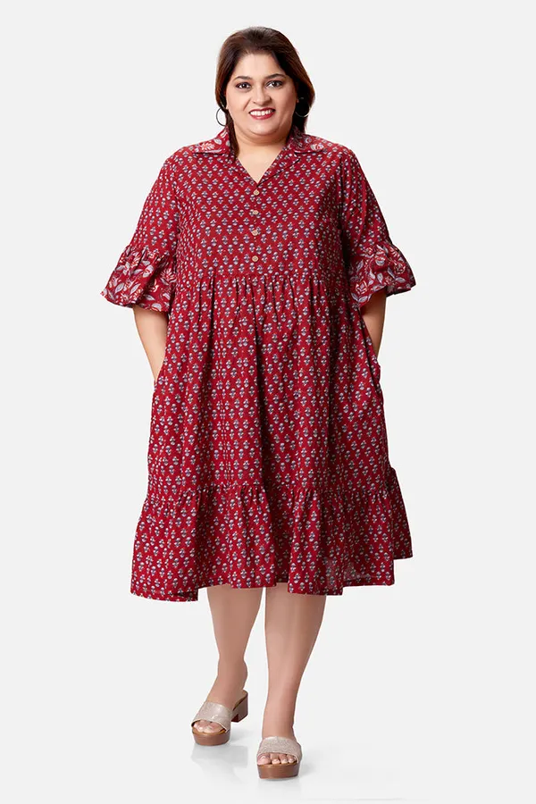 Maroon_Cotton_Umbrella_Sleeve_Calf_Length_Dress_For_Women