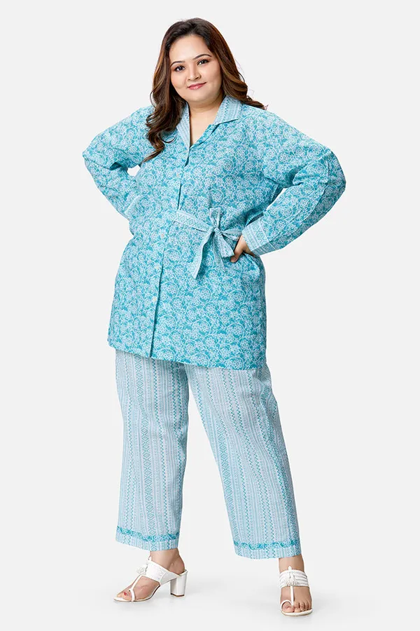 Blue_Cotton_Long_Sleeve_Shirt_And_Pajama_Coord_Set_For_Women