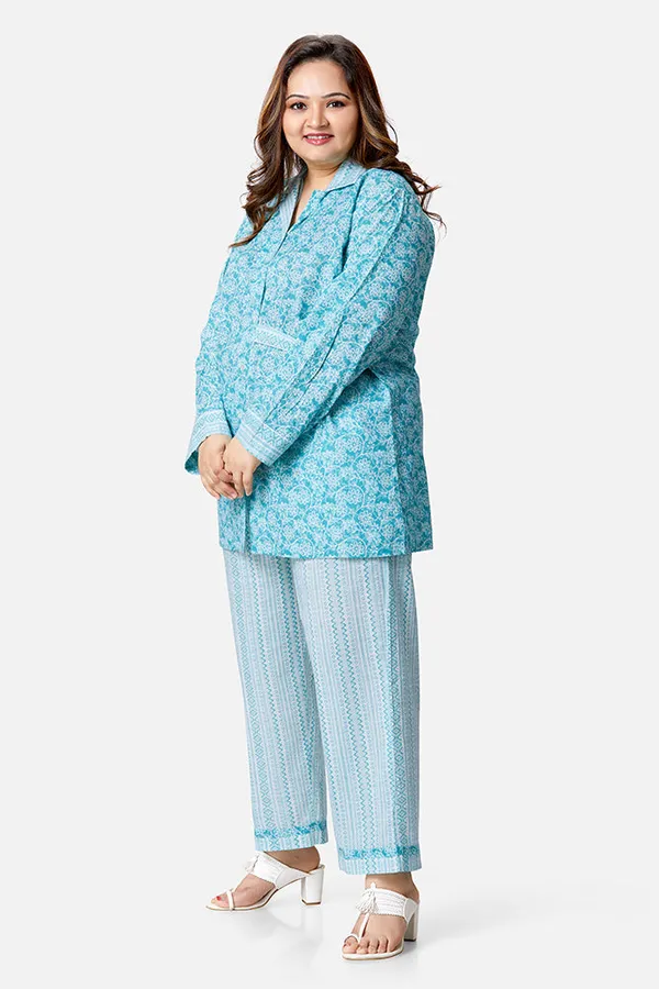 Blue_Cotton_Long_Sleeve_Shirt_And_Pajama_Coord_Set_For_Women