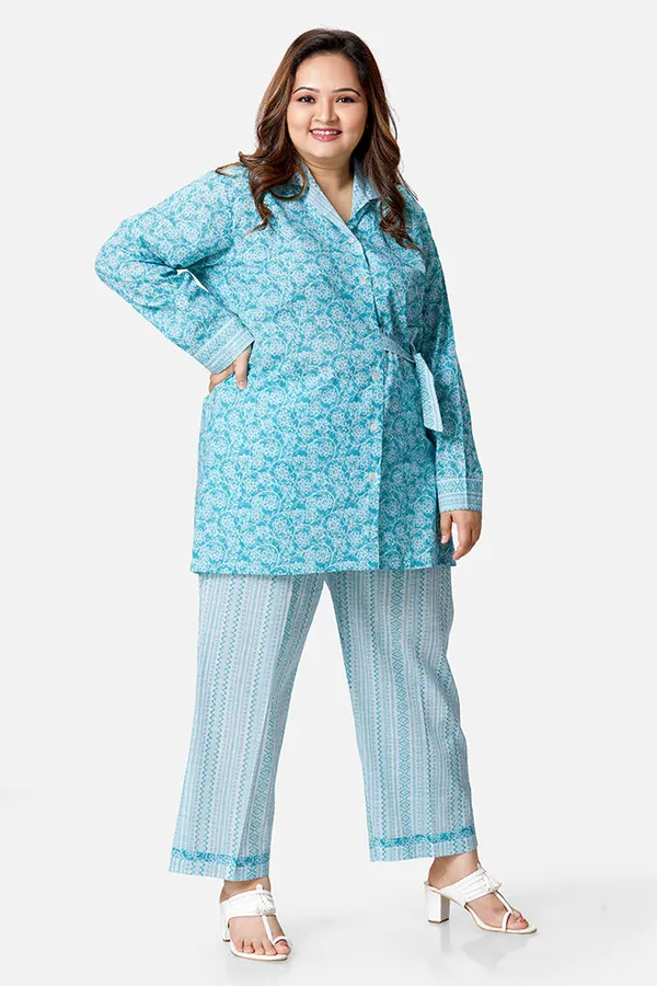 Blue_Cotton_Long_Sleeve_Shirt_And_Pajama_Coord_Set_For_Women