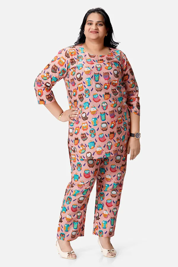Multicolour_Cotton_Owl_Print_3/4_Sleeve_Kurta_Set_For_Women