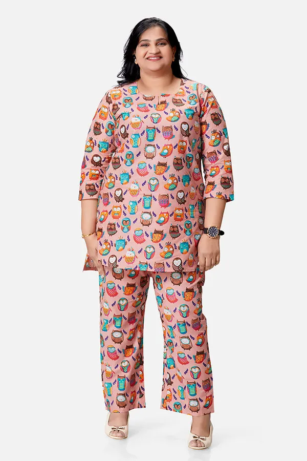 Multicolour_Cotton_Owl_Print_3/4_Sleeve_Kurta_Set_For_Women