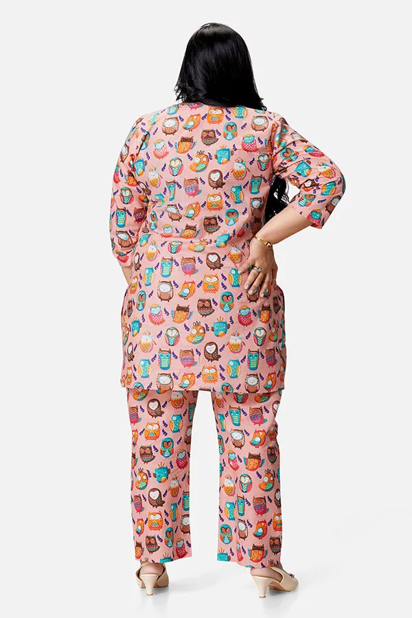 Multicolour_Cotton_Owl_Print_3/4_Sleeve_Kurta_Set_For_Women