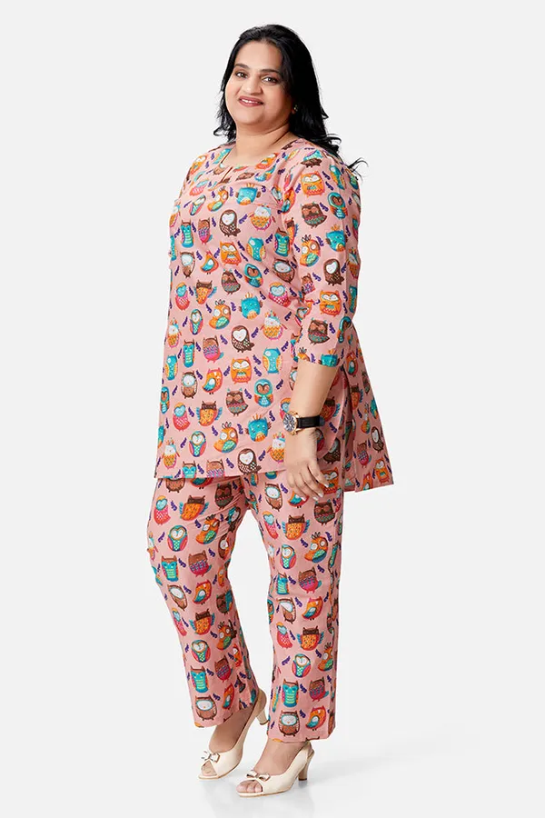 Multicolour_Cotton_Owl_Print_3/4_Sleeve_Kurta_Set_For_Women