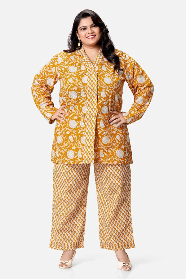Mustard_Cotton_Shirt_Style_Long_Sleeve_Coord_Set_For_Women