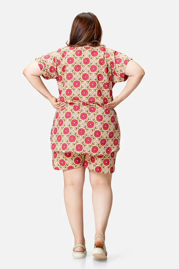 Mustard_And_Pink_Cotton_Half_Sleeve_Top_And_Shorts_Coord_Set_For_Women
