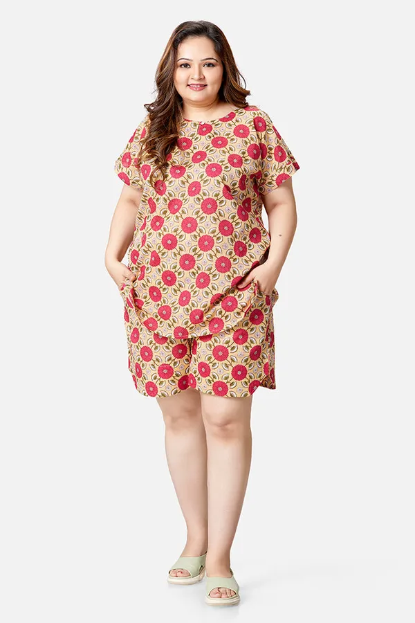 Mustard_And_Pink_Cotton_Half_Sleeve_Top_And_Shorts_Coord_Set_For_Women