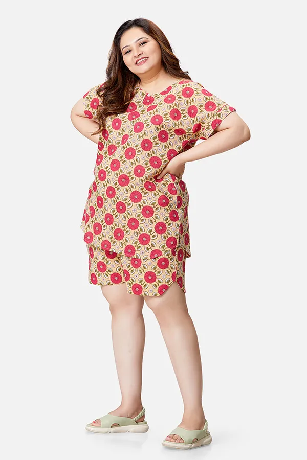 Mustard_And_Pink_Cotton_Half_Sleeve_Top_And_Shorts_Coord_Set_For_Women