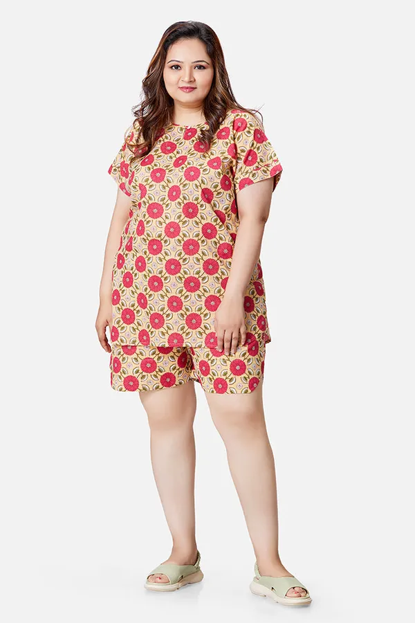 Mustard_And_Pink_Cotton_Half_Sleeve_Top_And_Shorts_Coord_Set_For_Women