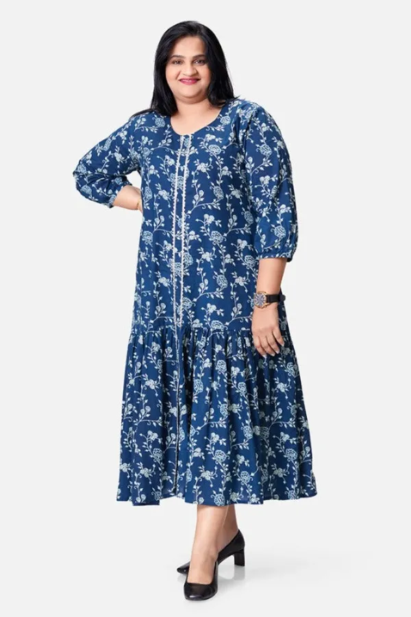 Blue_Cotton_Ankle_Length_Frill_Hem_Dress_For_Women