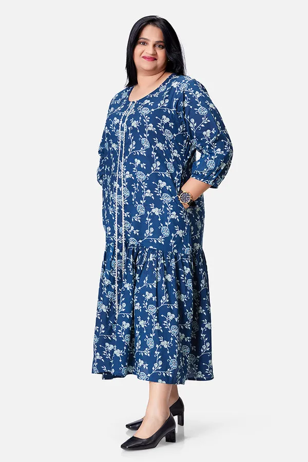 Blue_Cotton_Ankle_Length_Frill_Hem_Dress_For_Women