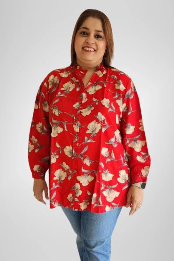 Red_Rayon_Floral_Frill_Long_Sleeve_Shirt_For_Women