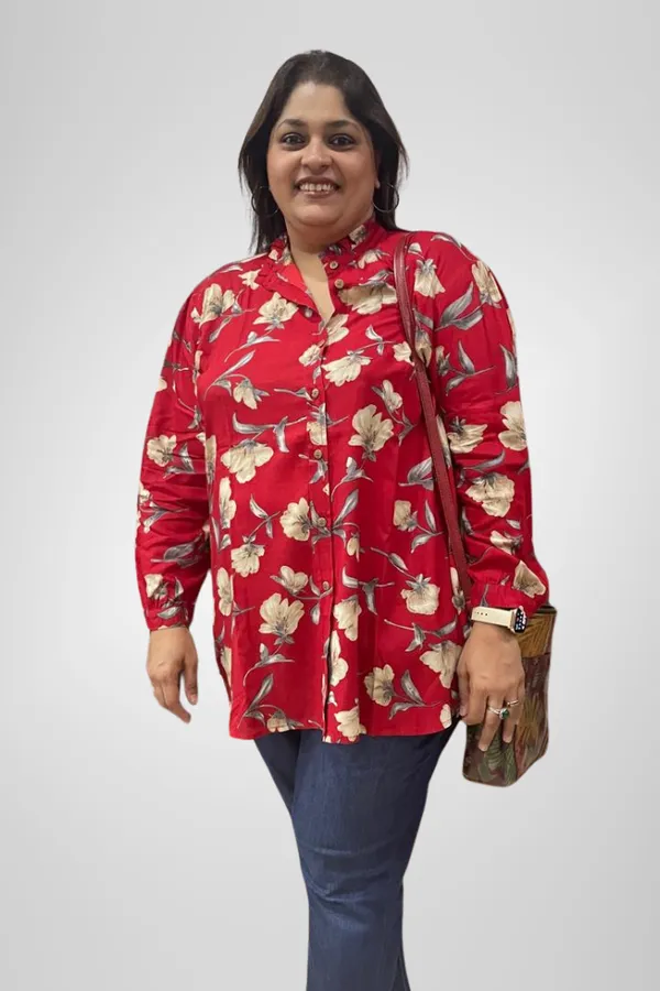 Red_Rayon_Floral_Frill_Long_Sleeve_Shirt_For_Women