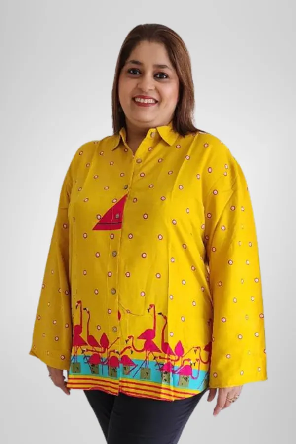 Yellow_Rayon_Flamingo_Print_Bell_Sleeve_Shirt_For_Women