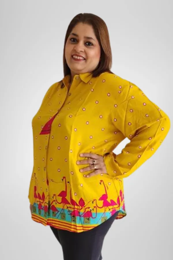 Yellow_Rayon_Flamingo_Print_Bell_Sleeve_Shirt_For_Women