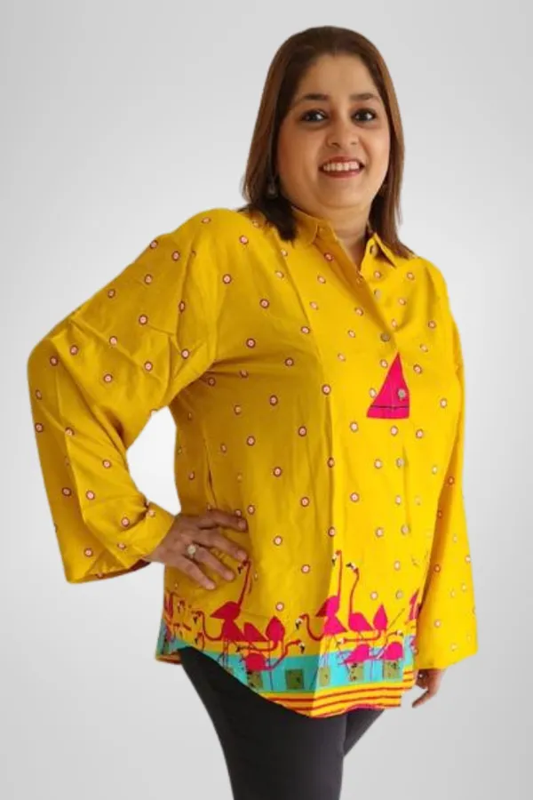Yellow_Rayon_Flamingo_Print_Bell_Sleeve_Shirt_For_Women