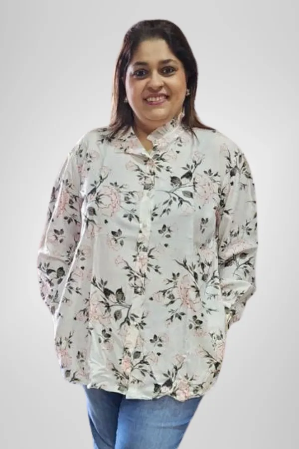 White_Rayon_Floral_Frill_Long_Shirt_For_Women