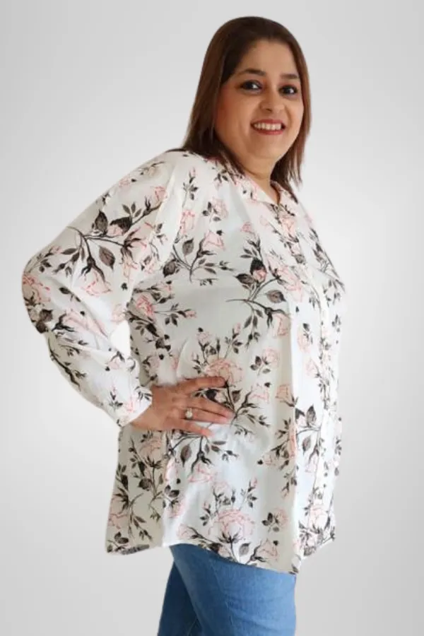 White_Rayon_Floral_Frill_Long_Shirt_For_Women