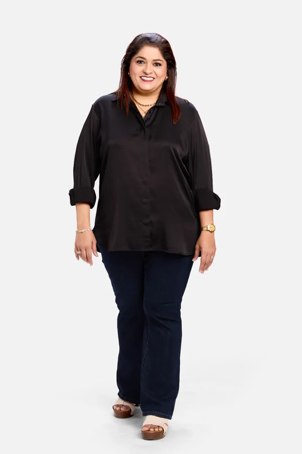 Black_Satin_Tailored_Long_Sleeve_Shirt_For_Women