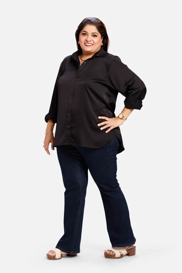 Black_Satin_Tailored_Long_Sleeve_Shirt_For_Women