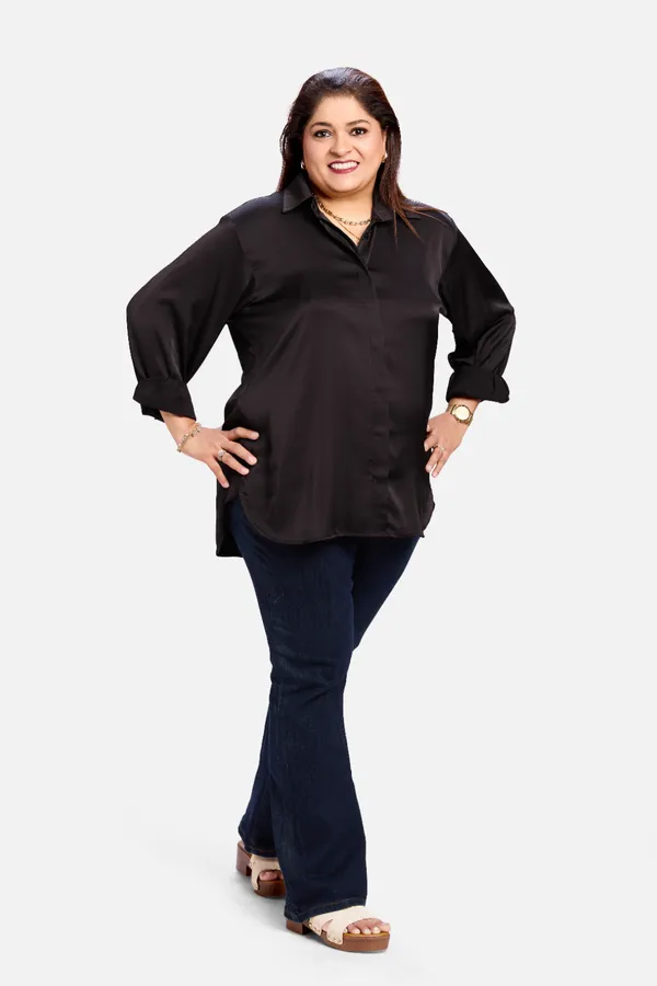 Black_Satin_Tailored_Long_Sleeve_Shirt_For_Women