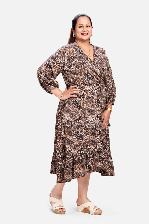 Brown_Polyester_Crepe_Leopard_Print_Wrap_Dress_For_Women