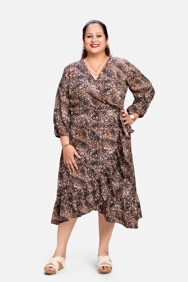 Brown_Polyester_Crepe_Leopard_Print_Wrap_Dress_For_Women