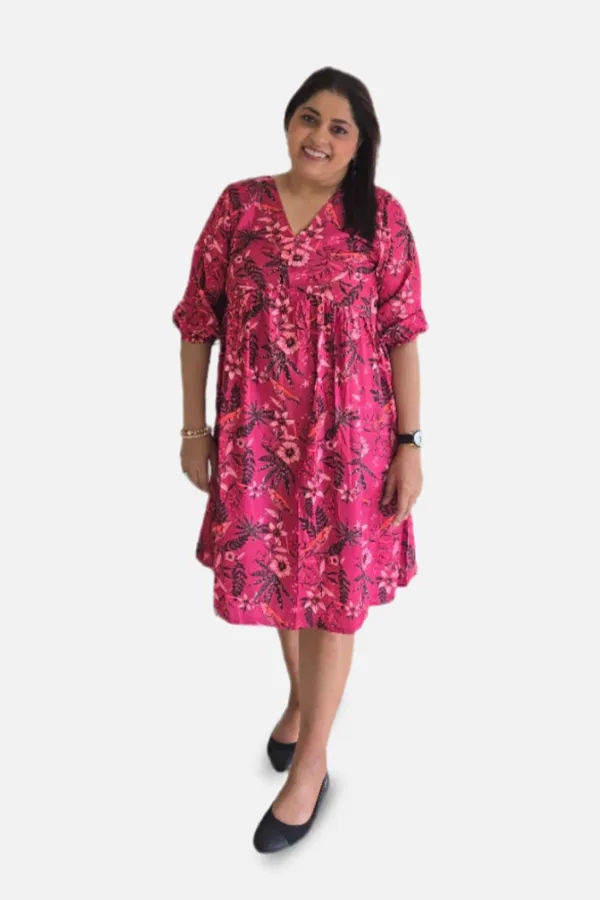 Magenta_Polyester_Crepe_Bird_Print_Dress_For_Women