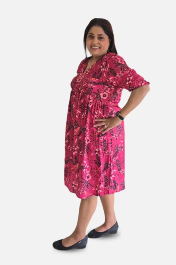 Magenta_Polyester_Crepe_Bird_Print_Dress_For_Women