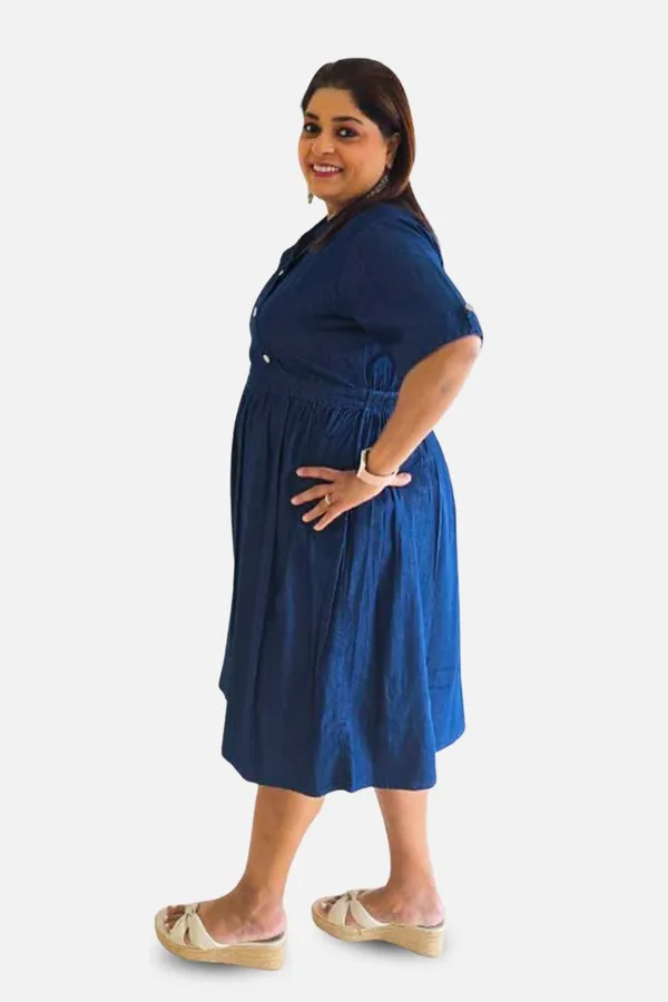 Blue_Denim_Wrap_Elbow_Sleeve_Knee_Length_Dress_For_Women