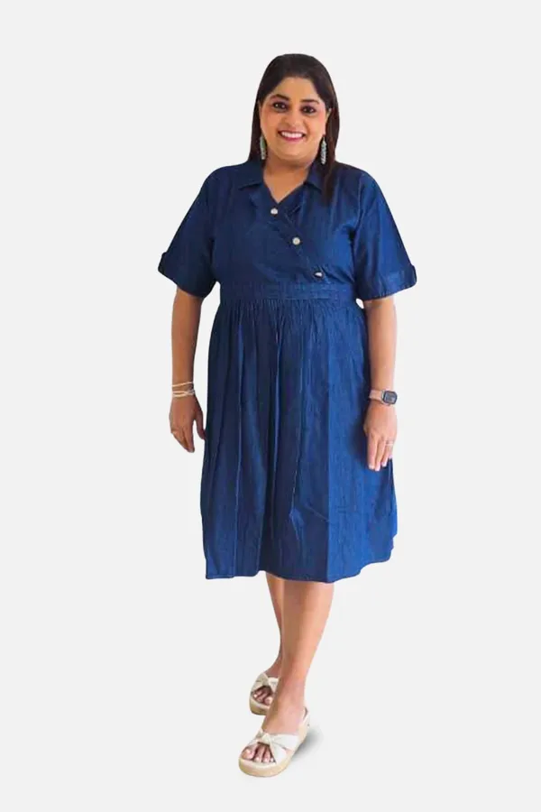 Blue_Denim_Wrap_Elbow_Sleeve_Knee_Length_Dress_For_Women