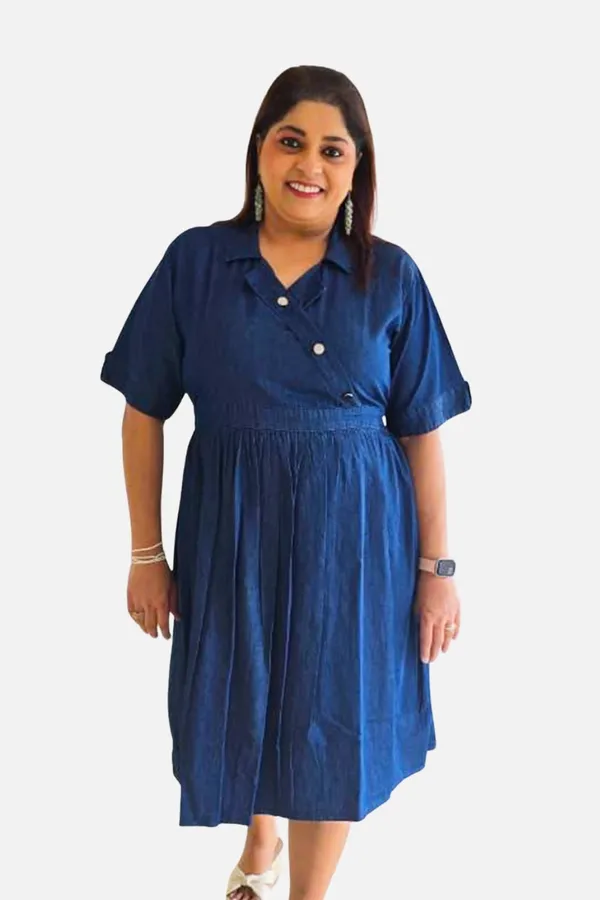 Blue_Denim_Wrap_Elbow_Sleeve_Knee_Length_Dress_For_Women