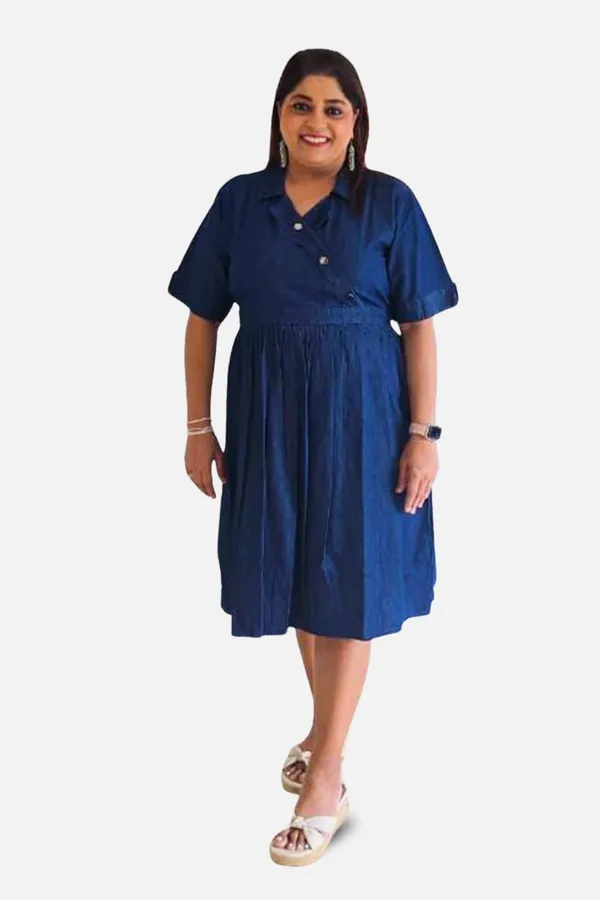 Blue_Denim_Wrap_Elbow_Sleeve_Knee_Length_Dress_For_Women