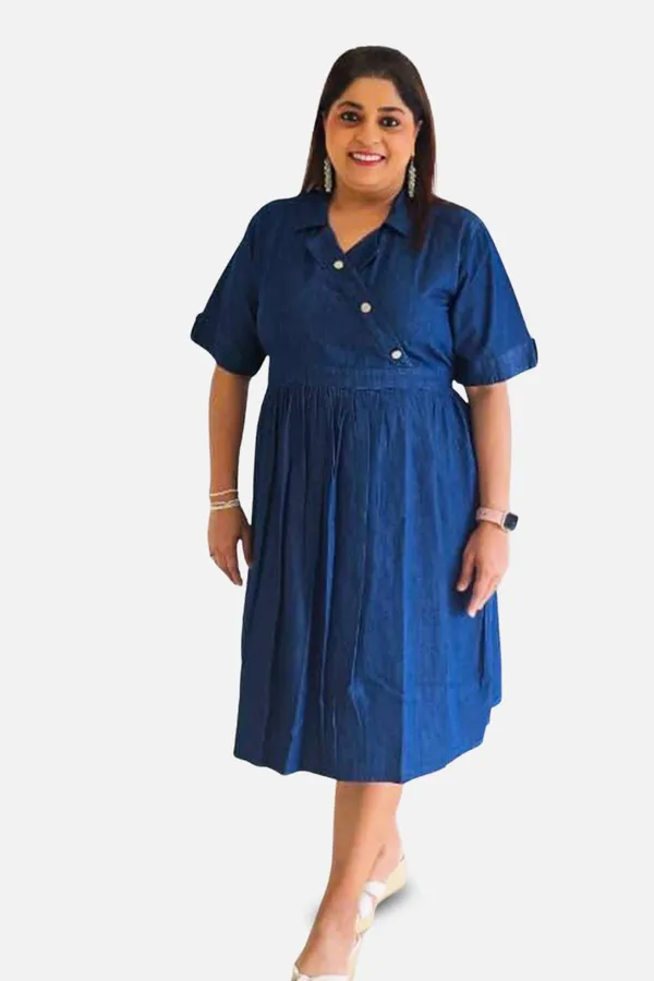 Blue_Denim_Wrap_Elbow_Sleeve_Knee_Length_Dress_For_Women