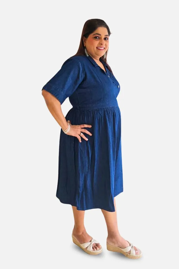 Blue_Denim_Wrap_Elbow_Sleeve_Knee_Length_Dress_For_Women