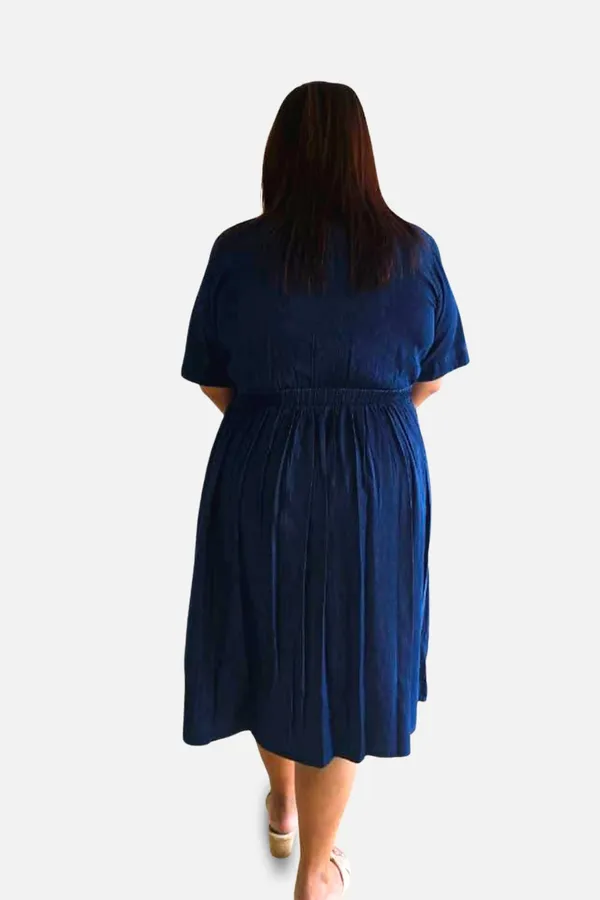 Blue_Denim_Wrap_Elbow_Sleeve_Knee_Length_Dress_For_Women