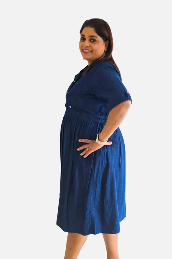 Blue_Denim_Wrap_Elbow_Sleeve_Knee_Length_Dress_For_Women